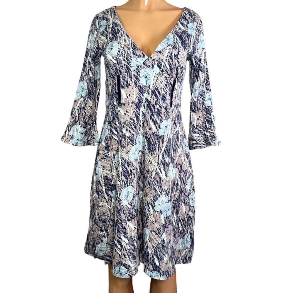 Stetson Cropped Sleeve Floral V-Neck Dress Blue Gray Size Medium